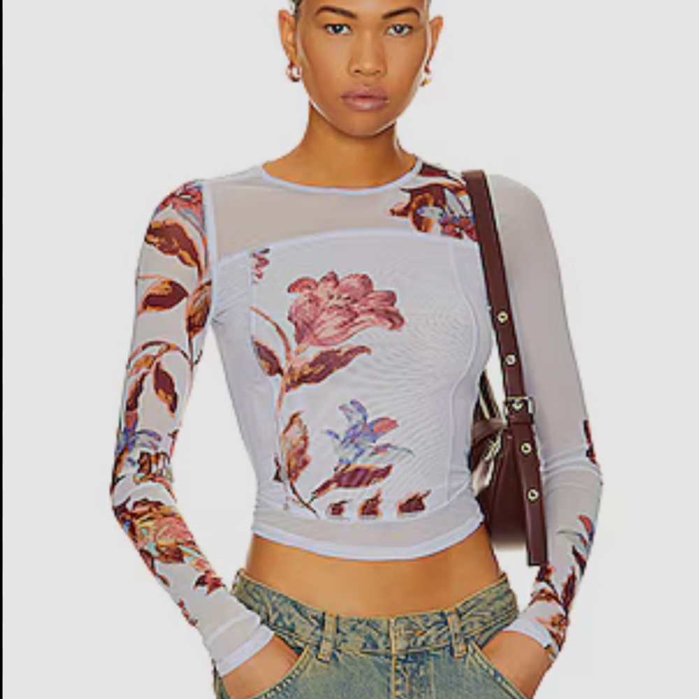 Free People Cream Long Sleeve Crop Blouse